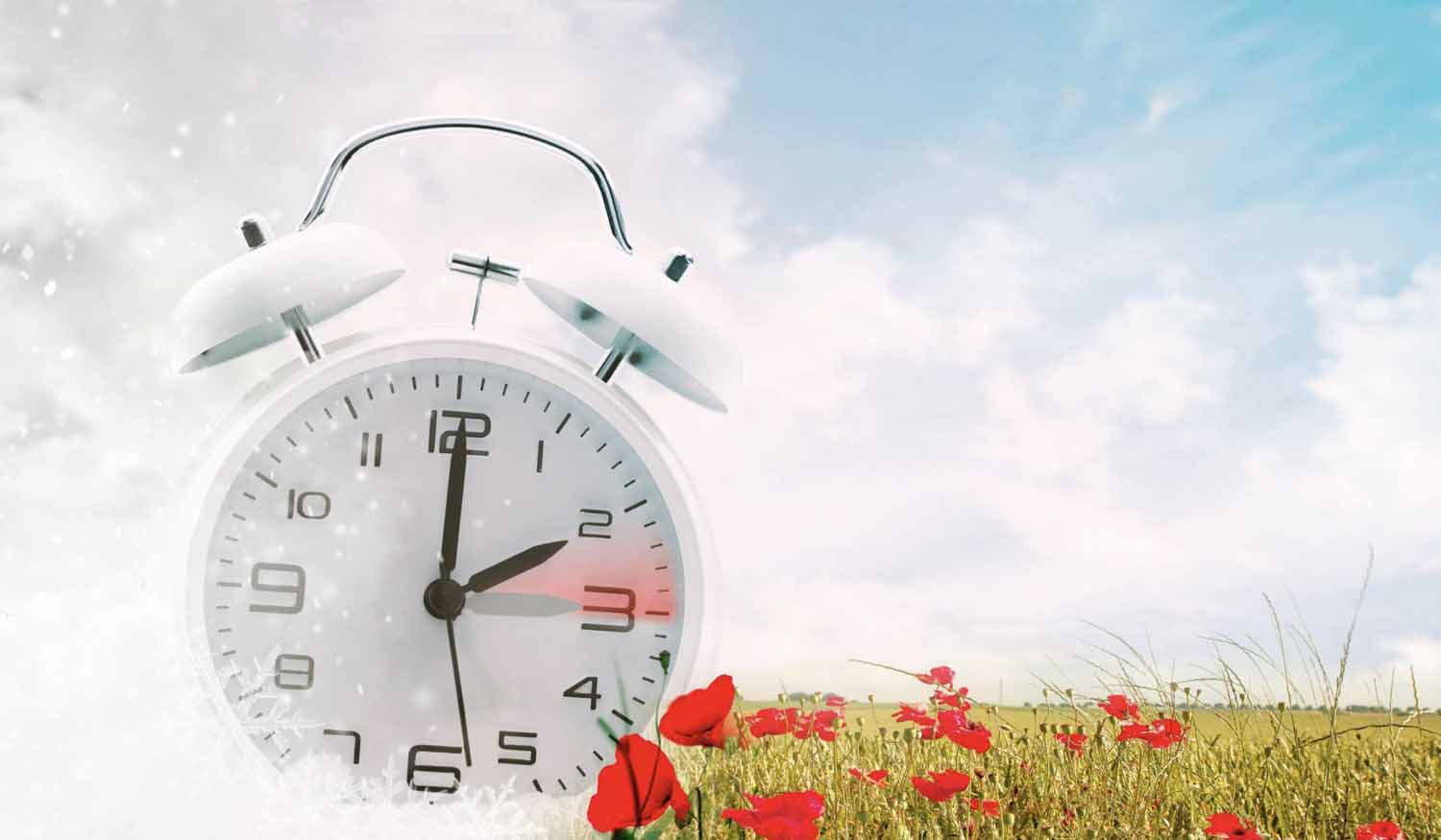 Image of a white clock in front of a background fading from winter to spring. Spring forward for Daylight Saving Time.
