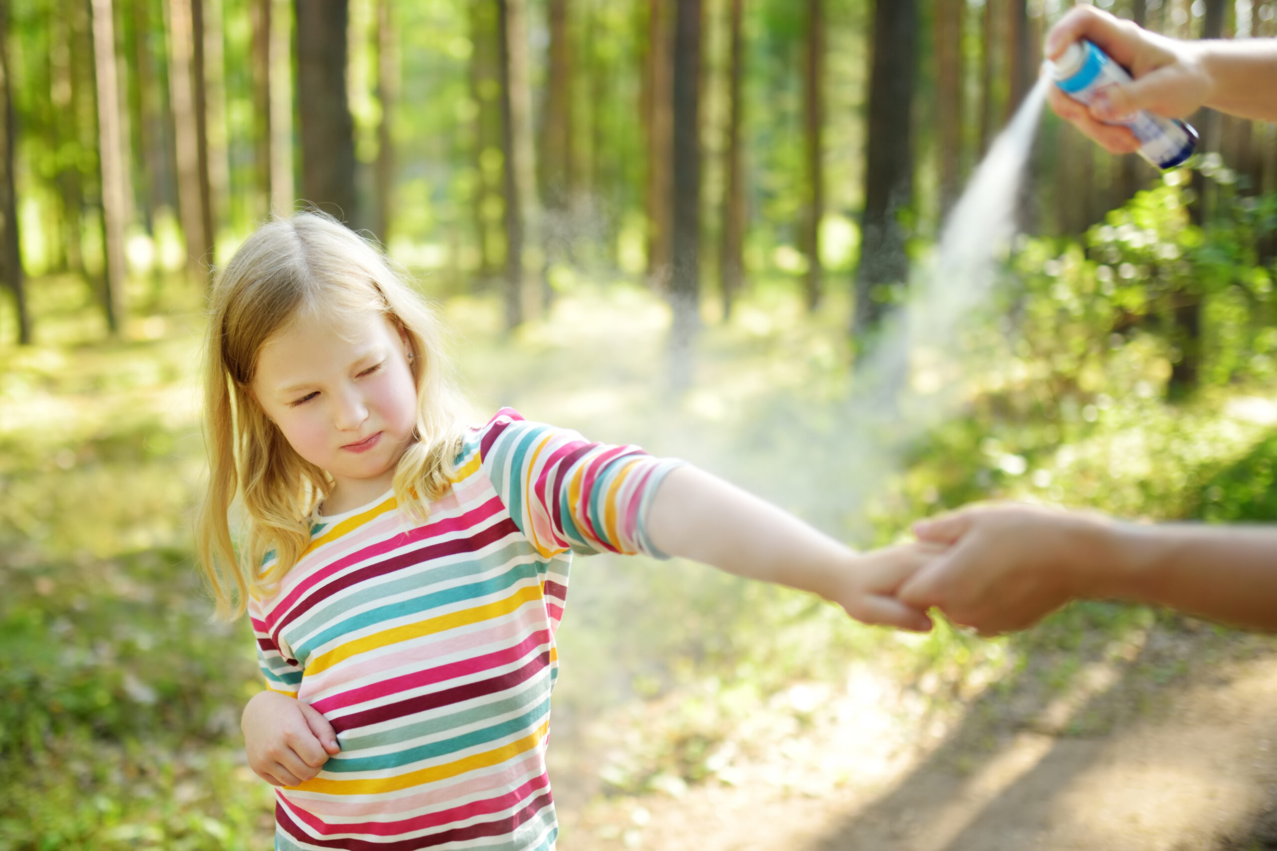 Hands of adult spraying little girl’s arm with insect repellent before a walk in the woods
