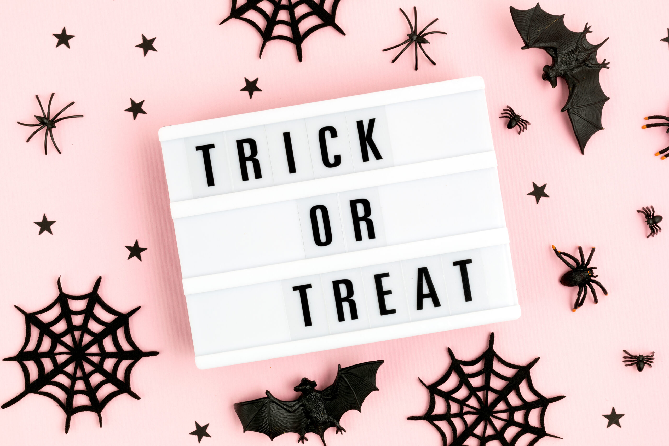 Halloween flat lay of lightbox with Trick or Treat text and stars, spiders, bats and spiderwebs